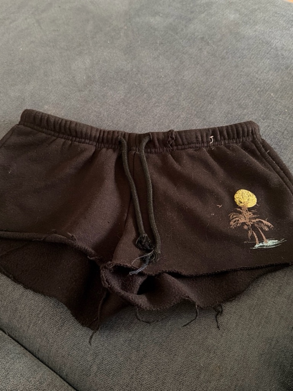 refuge Black Athletic Drawstring Shorts with Palm & Sun Graphic